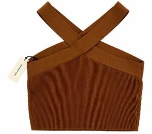 Babaton Aritzia Sculpt Knit Cross Crop Top M Constant Camel Brown Halter NWT